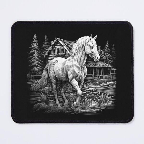 Item preview, Black and White White Horse Cabin Landscape Art designed and sold by inkoutninja.