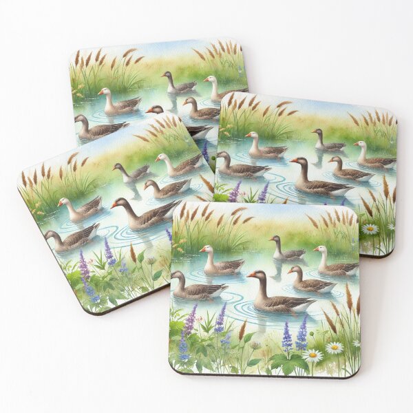 Item preview, Peaceful Geese in Blooming Pond - Watercolor Art Print designed and sold by Pioneer Spirit Market.