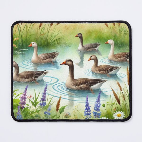 Item preview, Peaceful Geese in Blooming Pond - Watercolor Art Print designed and sold by Pioneer Spirit Market.