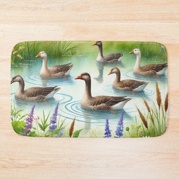 Item preview, Peaceful Geese in Blooming Pond - Watercolor Art Print designed and sold by Pioneer Spirit Market.