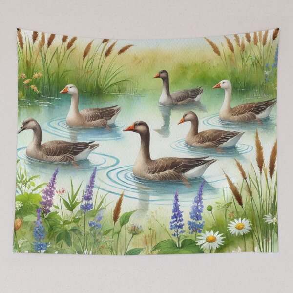 Item preview, Peaceful Geese in Blooming Pond - Watercolor Art Print designed and sold by Pioneer Spirit Market.