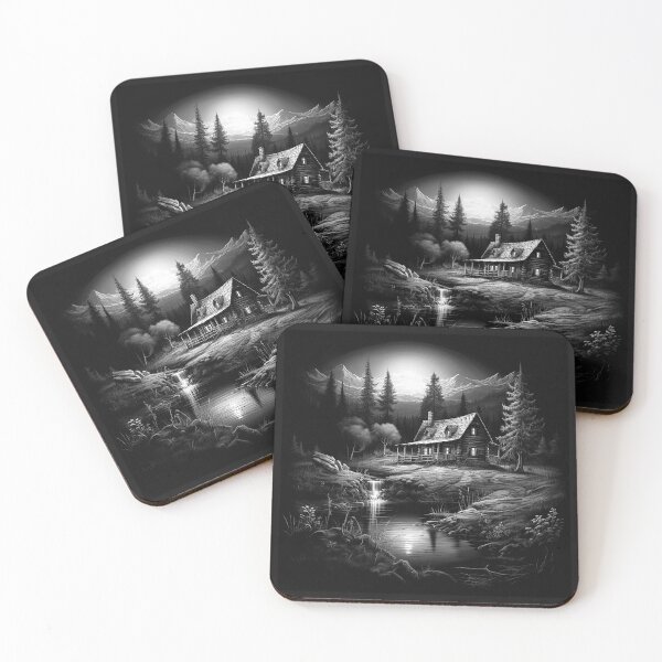 Item preview, Black and White Mountain Cabin Lake Landscape Art designed and sold by inkoutninja.