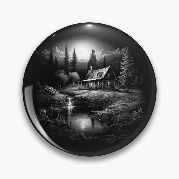 Item preview, Black and White Mountain Cabin Lake Landscape Art designed and sold by inkoutninja.