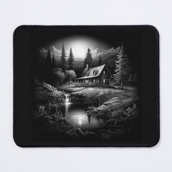 Item preview, Black and White Mountain Cabin Lake Landscape Art designed and sold by inkoutninja.