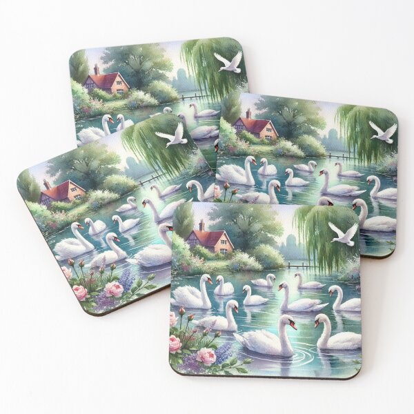 Item preview, Tranquil Flock of Swans in Cottage Pond - Watercolor Art Print designed and sold by Pioneer Spirit Market.