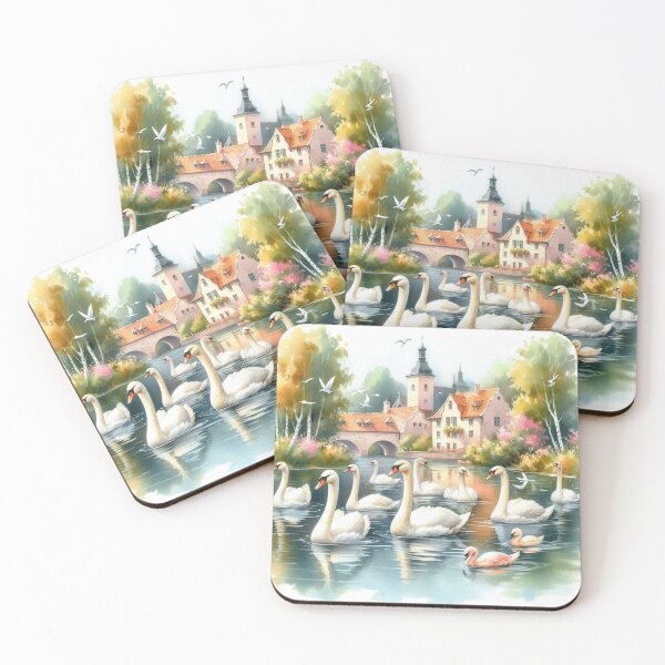 Item preview, Graceful Swans in European Village Pond - Watercolor Art Print designed and sold by Pioneer Spirit Market.