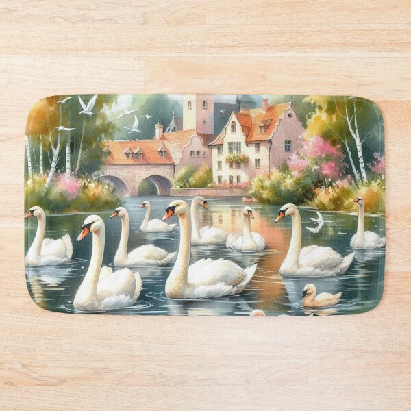 Item preview, Graceful Swans in European Village Pond - Watercolor Art Print designed and sold by Pioneer Spirit Market.