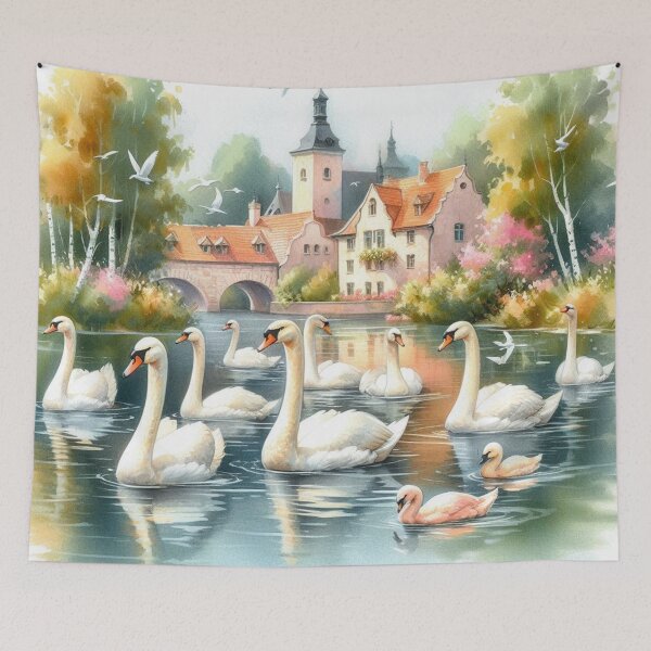 Item preview, Graceful Swans in European Village Pond - Watercolor Art Print designed and sold by Pioneer Spirit Market.