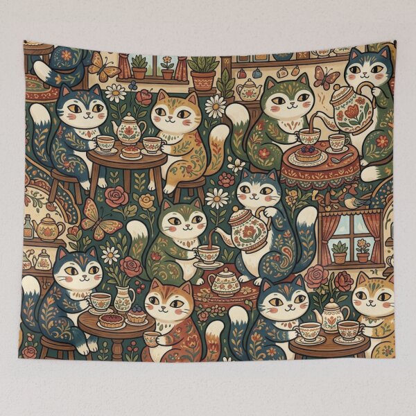 Item preview, Cute Cats Tea Party Vintage Pattern designed and sold by Iampoji.