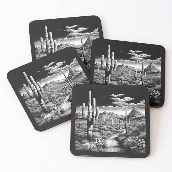 Item preview, Black and White Desert Cactus Landscape Art designed and sold by inkoutninja.