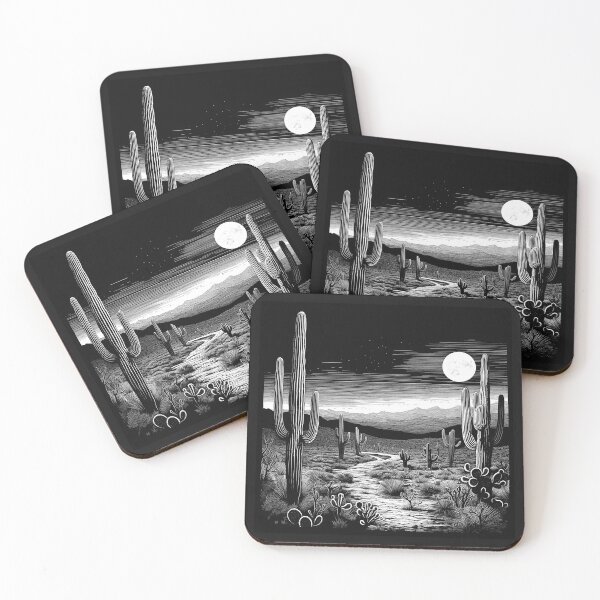 Item preview, Black and White Desert Cactus Landscape Art designed and sold by inkoutninja.