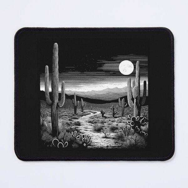 Item preview, Black and White Desert Cactus Landscape Art designed and sold by inkoutninja.