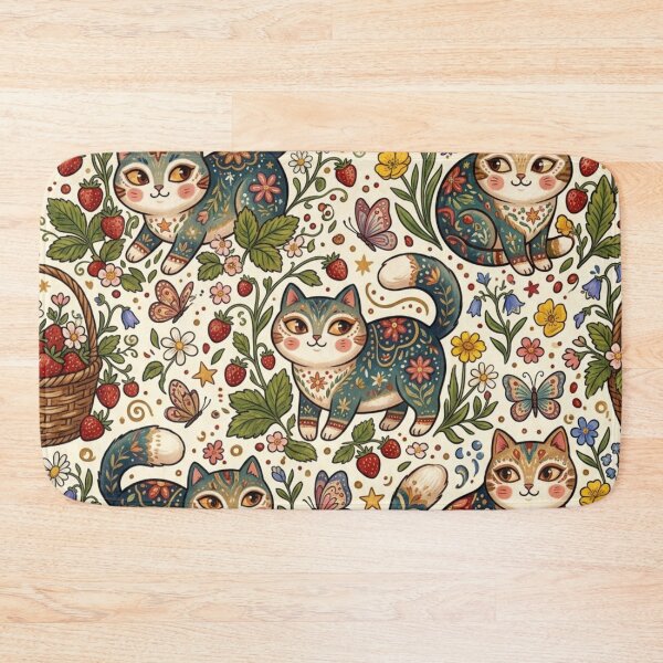 Item preview, Cute Strawberry Cat Cottagecore Floral Pattern designed and sold by Iampoji.