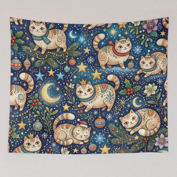 Item preview, Festive Cats in Starry Winter Night designed and sold by Iampoji.