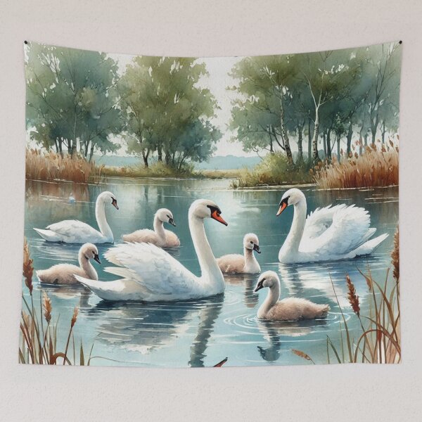 Item preview, Serene Swan Family in Peaceful Pond - Watercolor Art Print designed and sold by Pioneer Spirit Market.