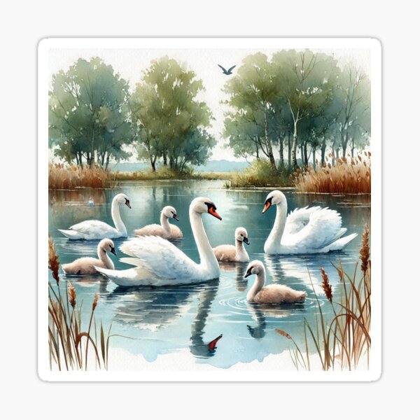 Item preview, Serene Swan Family in Peaceful Pond - Watercolor Art Print designed and sold by Pioneer Spirit Market.