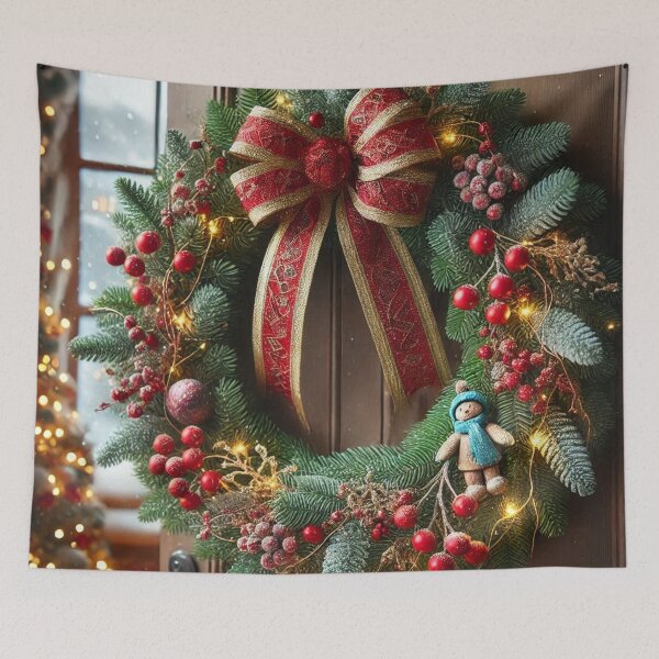 Item preview, Festive Christmas Wreath with Red Bow & Lights - Holiday Art Print designed and sold by Pioneer Spirit Market.