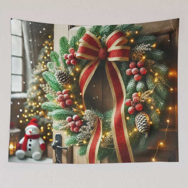 Item preview, Festive Christmas Wreath with Red Bow & Snow - Holiday Art Print designed and sold by Pioneer Spirit Market.