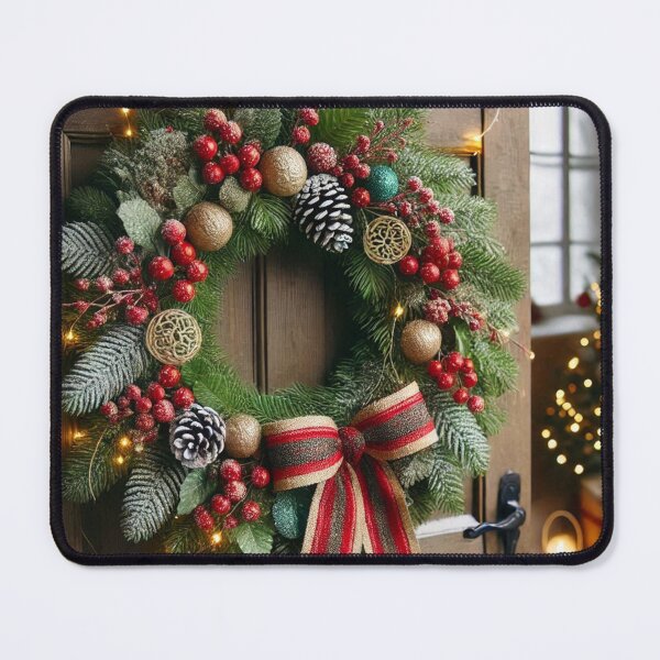 Item preview, Festive Christmas Wreath with Red & Gold Bow - Holiday Art Print designed and sold by Pioneer Spirit Market.