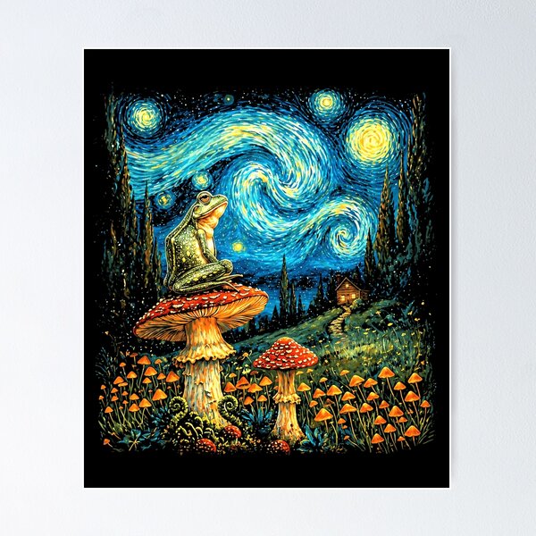 Item preview, Magical Frog Mushroom Night Sky Fantasy Landscape Graphic Vangoh designed and sold by MiALopezArt.