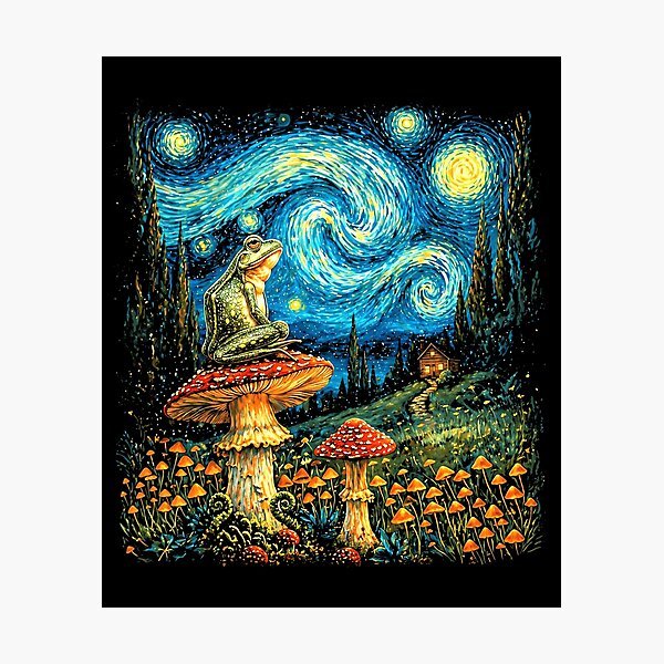 Item preview, Magical Frog Mushroom Night Sky Fantasy Landscape Graphic Vangoh designed and sold by MiALopezArt.