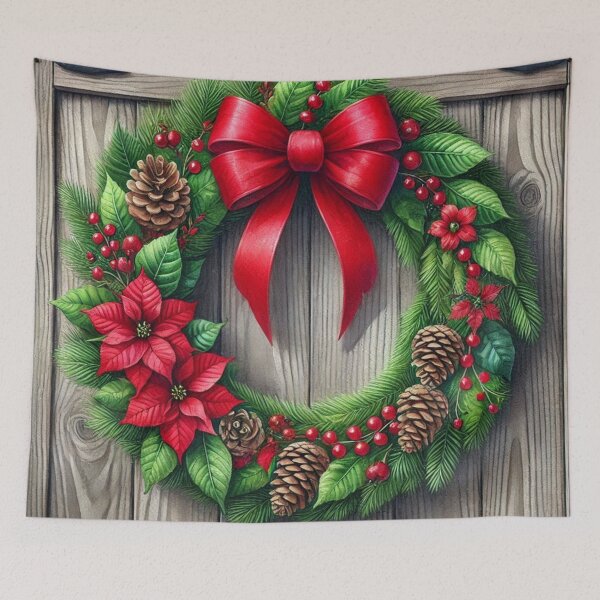 Item preview, Classic Christmas Wreath with Red Poinsettias & Bow - Holiday Art Print designed and sold by Pioneer Spirit Market.