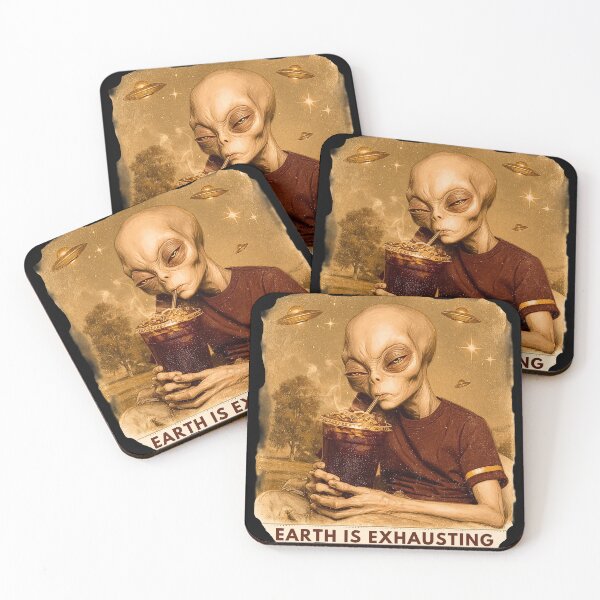 Item preview, Earth is Exhausting Tired Alien Drinking Iced Coffee Retro Art designed and sold by KreativKulture.