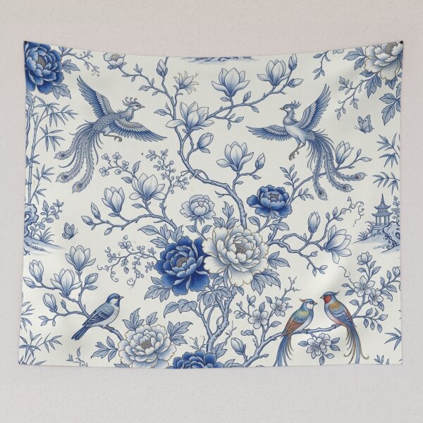Item preview, Blue and White Chinoiserie Floral Birds Pattern designed and sold by FashioonTrends.
