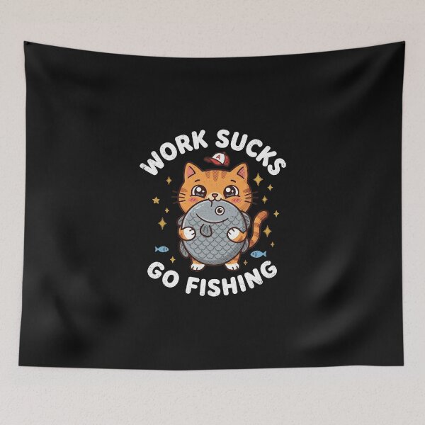 Item preview,  Work Sucks Go Fishing Funny Cute Cat Angler Humor Retro designed and sold by AdyKurniawan.