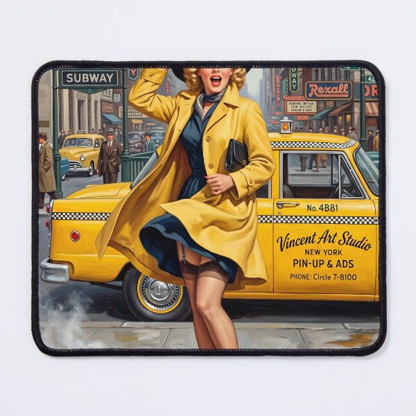 Item preview, Vintage 1950s New York City Pin-Up Girl Yellow Taxi Art designed and sold by Vincent-68.