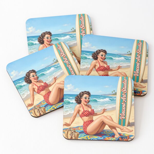 Item preview, Vintage Pinup Girl Surfing Beach Poster designed and sold by Vincent-68.