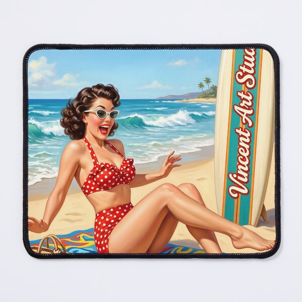Item preview, Vintage Pinup Girl Surfing Beach Poster designed and sold by Vincent-68.