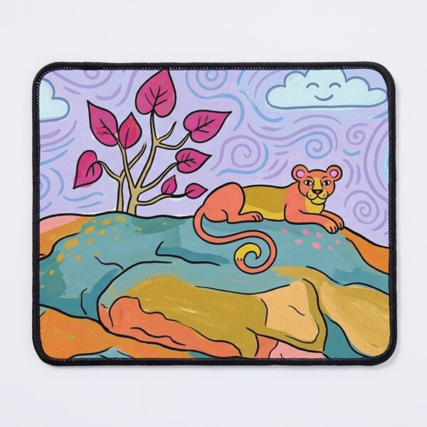 Item preview, Whimsical Cougar on Sunlit Mountain Ridge – Colorful Naive Art Illustration designed and sold by BLUESKY11a.