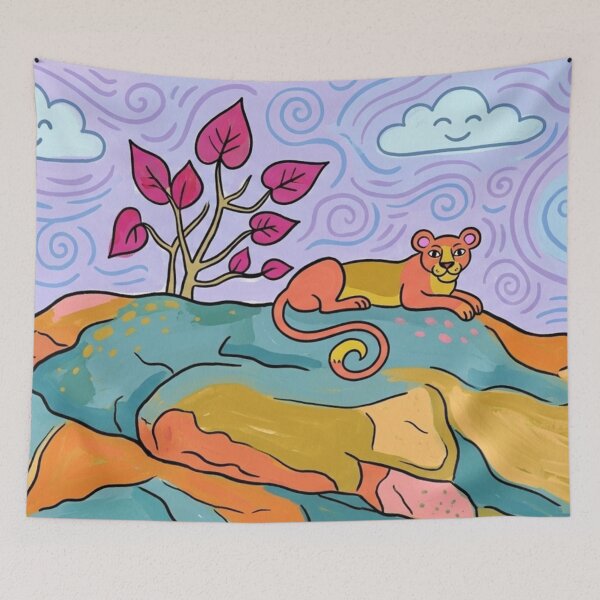 Item preview, Whimsical Cougar on Sunlit Mountain Ridge – Colorful Naive Art Illustration designed and sold by BLUESKY11a.