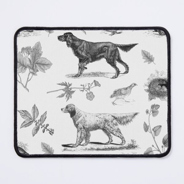 Item preview, Setter Dogs in the Field with Birds and Wild Plants Vintage Botanical Illustrations Toile Pattern - Black and White  designed and sold by CanisArt.