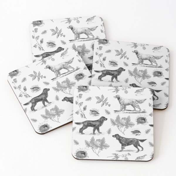 Item preview, Setter Dogs in the Field with Birds and Wild Plants Vintage Botanical Illustrations Toile Pattern - Black and White  designed and sold by CanisArt.