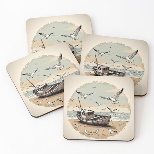 Item preview, Vintage Fishing Boat on the Beach | Coastal Seagull Ocean Scene designed and sold by GalleryPeak.
