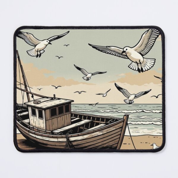 Item preview, Vintage Fishing Boat on the Beach | Coastal Seagull Ocean Scene designed and sold by GalleryPeak.