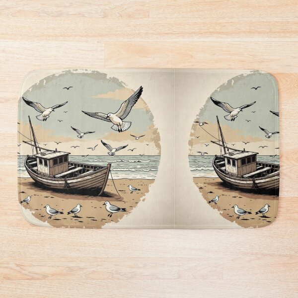 Item preview, Vintage Fishing Boat on the Beach | Coastal Seagull Ocean Scene designed and sold by GalleryPeak.