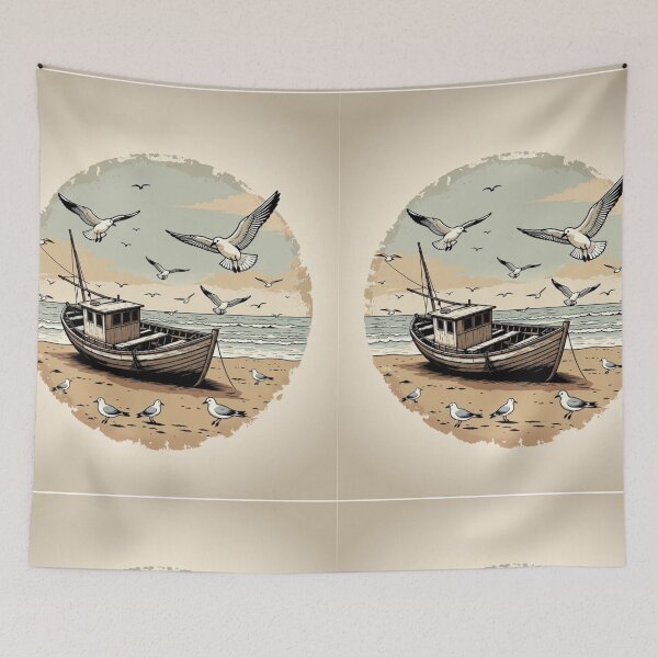 Item preview, Vintage Fishing Boat on the Beach | Coastal Seagull Ocean Scene designed and sold by GalleryPeak.