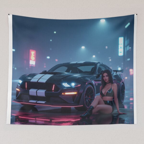 Item preview, Ford Mustang with beautiful woman on wet road - Cyberpunk style designed and sold by Salimgor Hangaround Music.