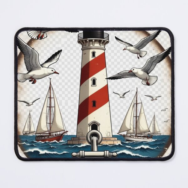 Item preview, Vintage Lighthouse with Seagulls and Sailboats | Nautical Coastal Design designed and sold by GalleryPeak.