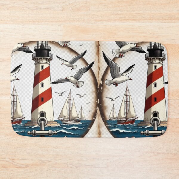 Item preview, Vintage Lighthouse with Seagulls and Sailboats | Nautical Coastal Design designed and sold by GalleryPeak.