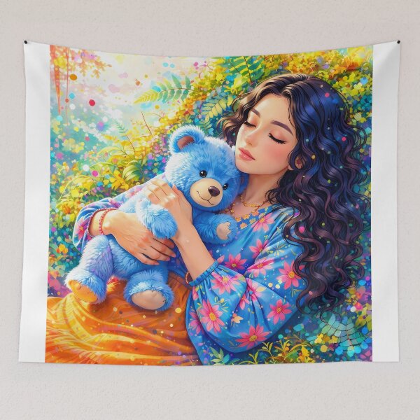Item preview, Sleepy Girl Hugging Blue Teddy designed and sold by M-Y-A-R-T-.