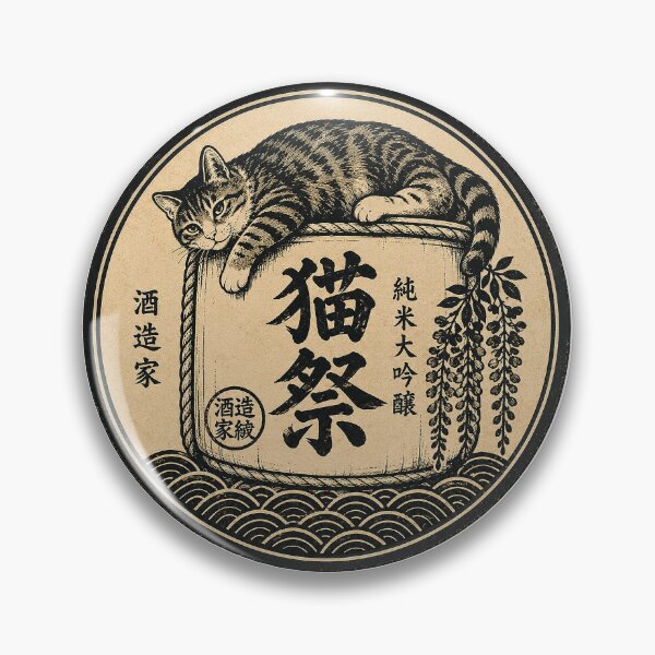 Artikelvorschau, Neko-Sai – Getigerte Katze auf Sakefass – Japanischer Holzschnitt-Anstecker | Vintage-Druck zum Katzenfestival | TSUKIYO-NEKO entworfen und verkauft von Aguri-tei.