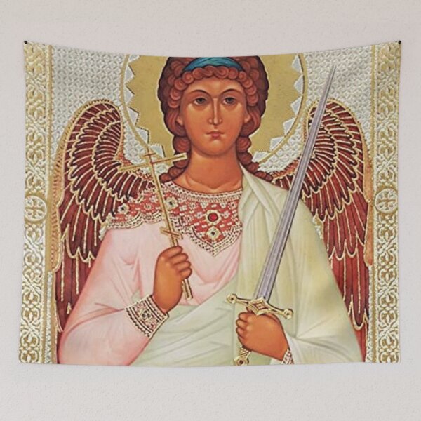 Item preview, Guardian Angel Icon with Sword and Cross on white and golden background designed and sold by Angelkrs.