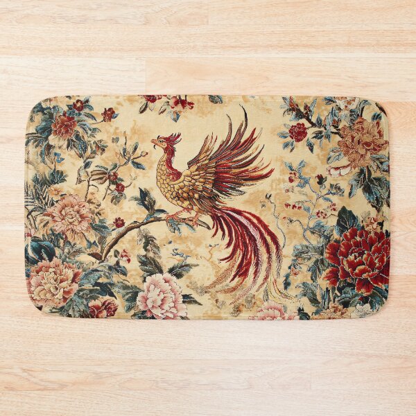 Item preview, Imperial Phoenix Among Peonies | Vintage Chinese Floral Rug Art designed and sold by GrinGalore.