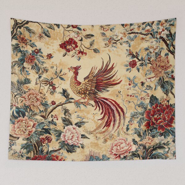 Item preview, Imperial Phoenix Among Peonies | Vintage Chinese Floral Rug Art designed and sold by GrinGalore.
