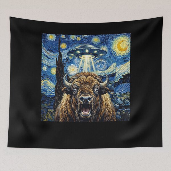 Item preview, Buffalo Starry Night UFO Van Gogh Art Animal Selfie Lover designed and sold by Kimberley King Art  King Art.