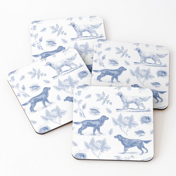 Item preview, Setter Dogs Walking in the Field with Birds and Wild Plants Vintage Botanical Illustrations Toile Pattern - Blue and White designed and sold by CanisArtStudio.